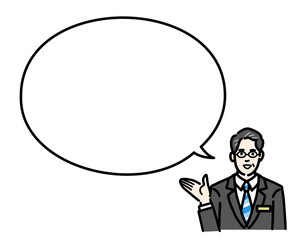 吹き出しで説明するバッヂのついたスーツを着たメガネをかけた中年男性
