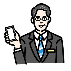 スマートフォンを持っているバッヂのついたスーツを着たメガネをかけた中年男性
