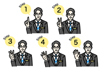 工程を説明するバッヂのついたスーツを着たメガネをかけた中年男性のセット
