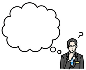 吹き出し　考えているバッヂのついたスーツを着たメガネをかけた中年男性
