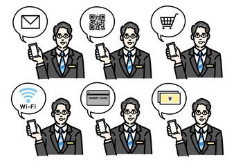 スマートフォンを持って説明をしているバッヂのついたスーツを着たメガネをかけた中年男性のセット

