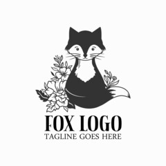 funny fox with flower logo vector, fox icon illustration