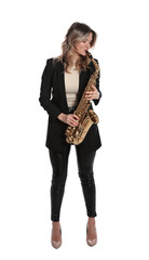 Fototapeta na wymiar Beautiful young woman in elegant suit playing saxophone on white background