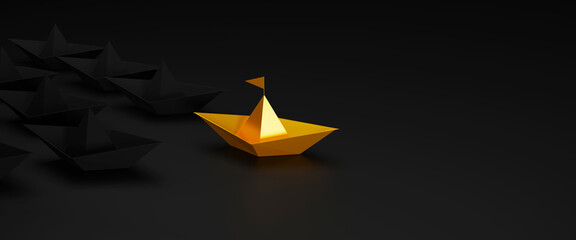 Leadership concept. Gold paper ship among black on black background. 3d render illustration
