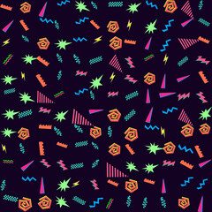 Obraz premium 90s Nostalgia fashion vector seamlees pattern background. Cool color vintage style. Evoke 90s fashion atretic. Think bold, bright vibrant color abstract shape. Geometric element Memphis illustration