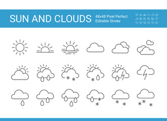 Vector icon set of weather forecast. Editable vector stroke. Pixel perfect. Thin meteorological elements for web design, mobile apps.