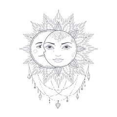 Esoteric symbol sun and moon boho vector illustration. Mystical astrology, boho celestial and magic.
