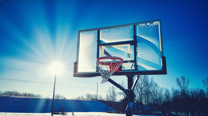 The sun is shining brightly over the snow splattered basketball hoop