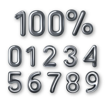 Set of 3d silver embossed numbers with percent sign on white background.