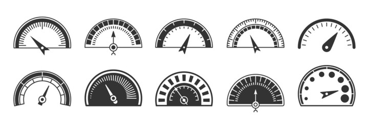 Speedometer indicator dashboard black glyph set. Transport icon measurement speed load scale driving symbol. Traffic online download power progress internet technology traffic measuring isolated white