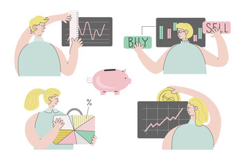 Online trading, brokers, business team work success vector concept. People, characters analyzing, selling, buying, investing money to stock market