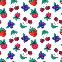 illustration of seamless background of assorted colorful berries on white isolated surface