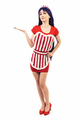 Caucasian Sailor Mars Woman Cosplayer Waiting With Her hand showing copy space White Background Full Studio Shot. High quality photo