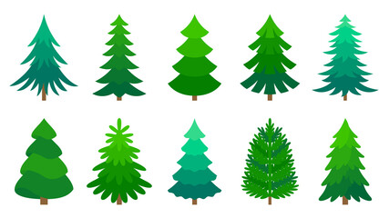 Christmas tree holiday sticker forest green flat set. Modern party simple pattern greeting card traditional collage design. Festive object different shape evergreen new year decorative isolated white