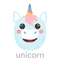 Unicorn blue Cute portrait smile head cartoon round shape animal face, isolated vector icon illustrations on white background. Flat simple hand drawn for kids poster, cards, t-shirts, baby clothes