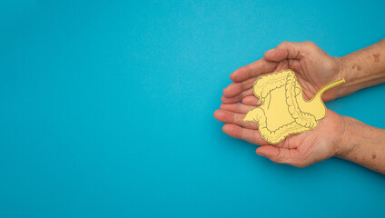 Large intestine shape made from paper on a palm senior woman on a blue background
