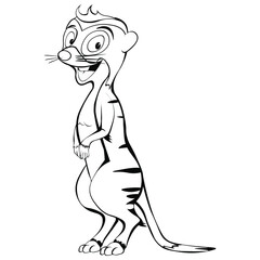 Fototapeta premium Black and white drawing of a smiling meerkat for coloring book. Vector illustration