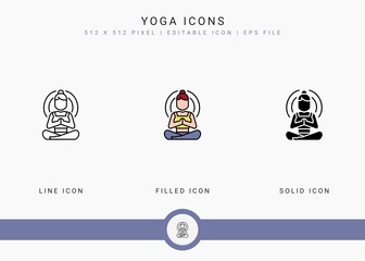 Yoga icons set vector illustration with solid icon line style. Meditating energy concept. Editable stroke icon on isolated background for web design, user interface, and mobile app