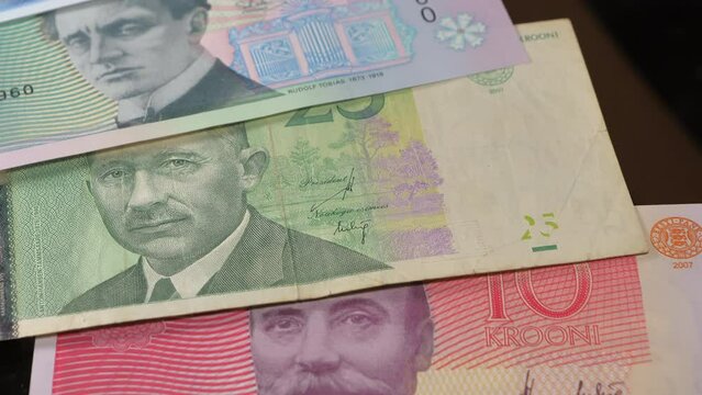 The look of the Estonian Kroon money on the table in different money values.close-up.4K UHD