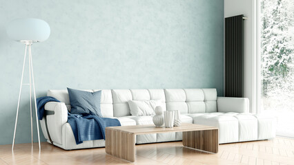 Modern stylish interior of the living room, a room with a wooden floor and a large window. 3D rendering