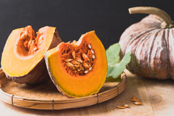 Asian pumpkin on bamboo basket, Food ingredients