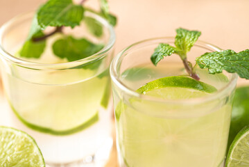 Close up of lime juice with fresh lime fruit and mint leaf, Fresh drink in summer season