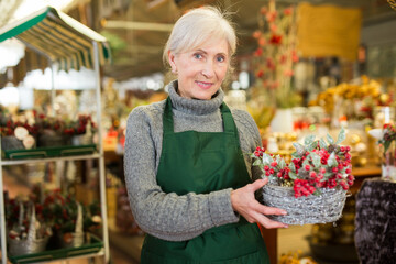 Portrait of smiling friendly elderly saleswoman working in home design accessories store offering handmade Christmas decorations in form of wicker basket with berries