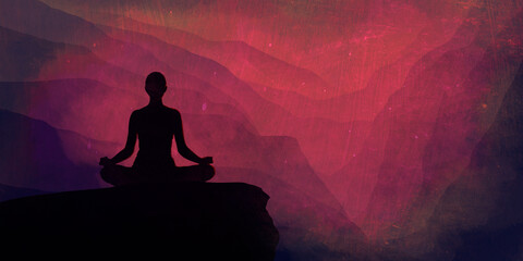 Silhouette of a woman in the lotus position yoga. Woman in meditation at beautiful sunset or sunrise background on high mountain. Spiritual. Mystical. Tranquil landscape. Mountain landscape. 