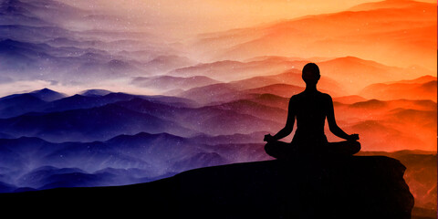 Woman in meditation at beautiful sunset or sunrise background on high mountain. Spiritual. Mystical. Tranquil landscape. Mountain landscape. 