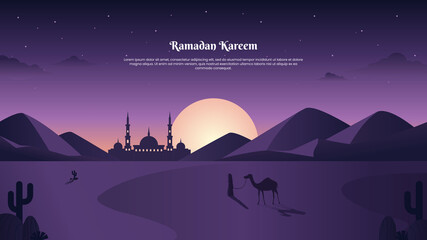 landscape Illustration of Ramadan kareem with desert and mosque silhouette