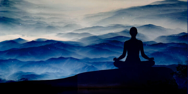 Silhouette of a woman in the lotus position and space, meditation, yoga. Mountain horizontal infinity background. Sunset. Blue hues. Mystical. Spiritual. Meditation on high mountain.