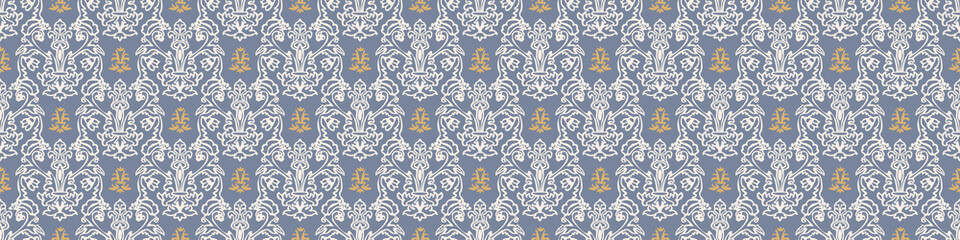 French fleur de lis royal lily seamless border. Farmhouse cottage banner. Lilies lys flower flourish motif rustic damask. © Limolida Studio