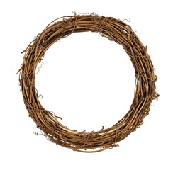 Dry brown empty rattan wreath isolated on white