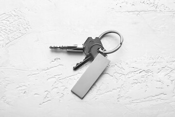Keys with stylish steel keychain on light background