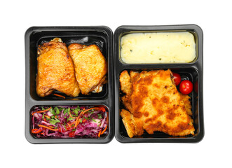 Delicious food in lunch boxes on white background