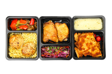 Lunch boxes with different food on white background