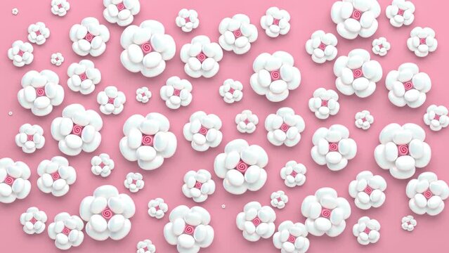 3d animation of cartoon white flowers on a pink background.