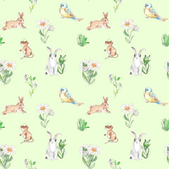 Fototapeta premium Watercolor woodland animals vintage style seamless pattern