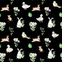 Watercolor woodland animals vintage style seamless pattern