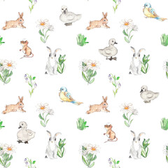 Watercolor woodland animals vintage style seamless pattern © onanana