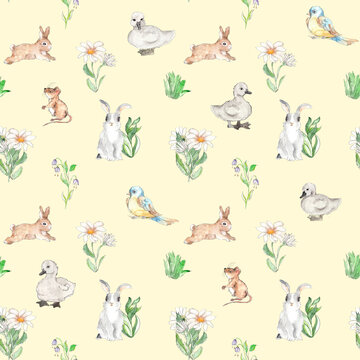 Watercolor woodland animals vintage style seamless pattern