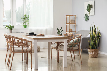 Interior of stylish room with dining table, sofa and houseplants