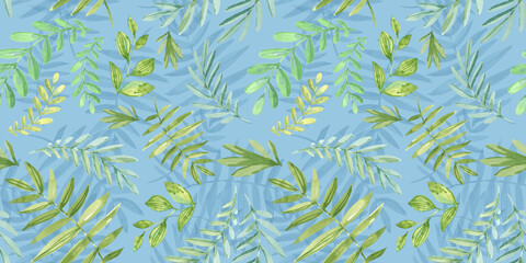 Fototapeta premium Spring Seamless Pattern. Floral elements in doodle style. Green background. Watercolor tropical green leaves. Wedding Patterns with leaf