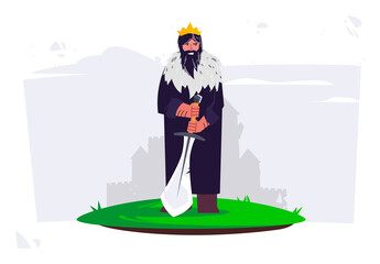 vector illustration of the king face of a bearded man with a fighting sword