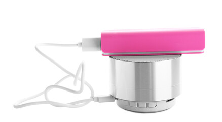 Pink power bank with speaker on white background