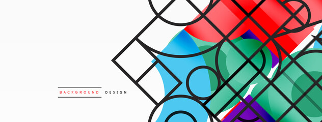 Circle and square geometric background. Round shapes with squares and triangles composition for wallpaper, banner, background or landing