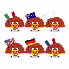 Red chinese fan cartoon character bring the flags of various countries