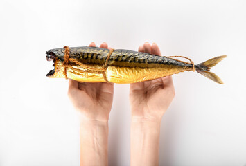 Woman holding tasty smoked mackerel fish on white background
