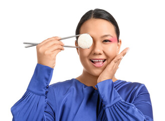 Obraz premium Beautiful Asian woman with tasty Japanese mochi on white background