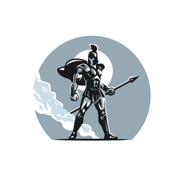 recommend clip art: A Roman warrior, a Spartan, in a helmet and armor holds a spear in his hand. There is smoke in the background.